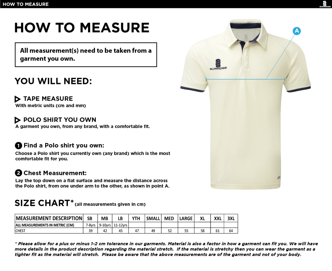 Bardon Hill CC Ergo Short Sleeve Green Trim Shirt - Size Guide