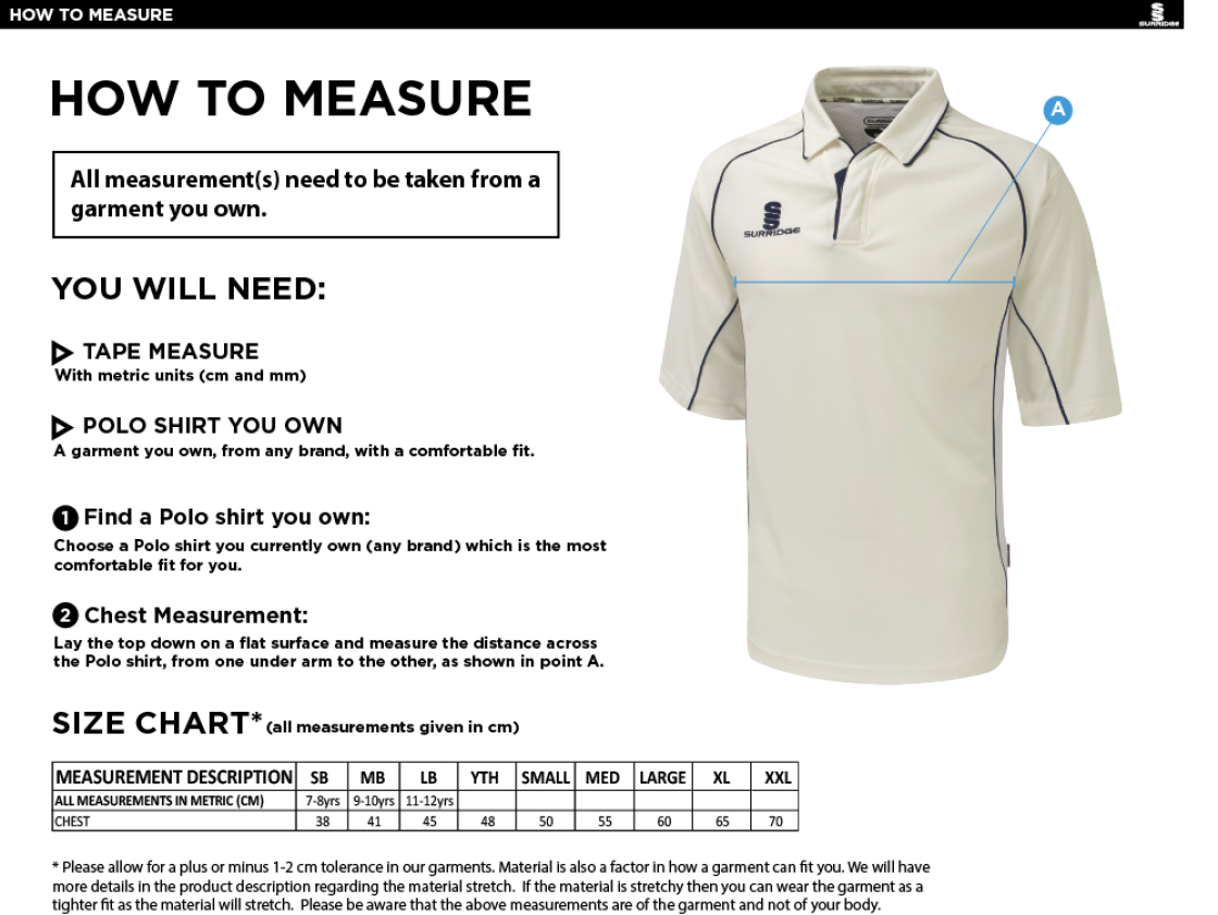 Bardon Hill CC Premier 3/4 Sleeve Green Trim Shirt - Size Guide