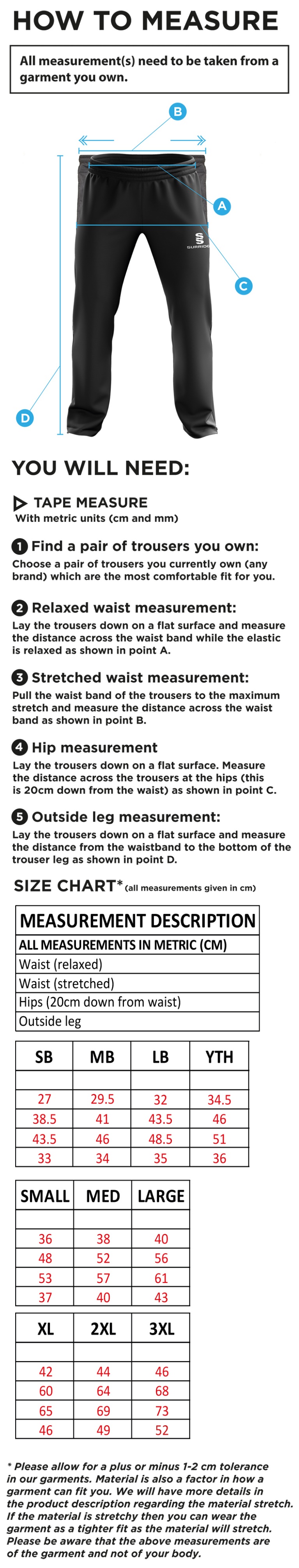 Bardon Hill CC Ripstop Track Pant Black - Size Guide