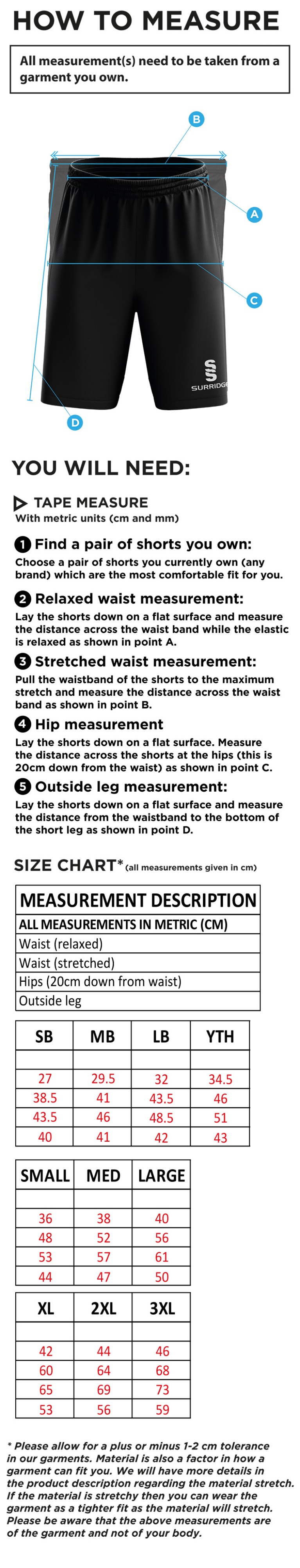 Bardon Hill CC Ripstop Short Black - Size Guide