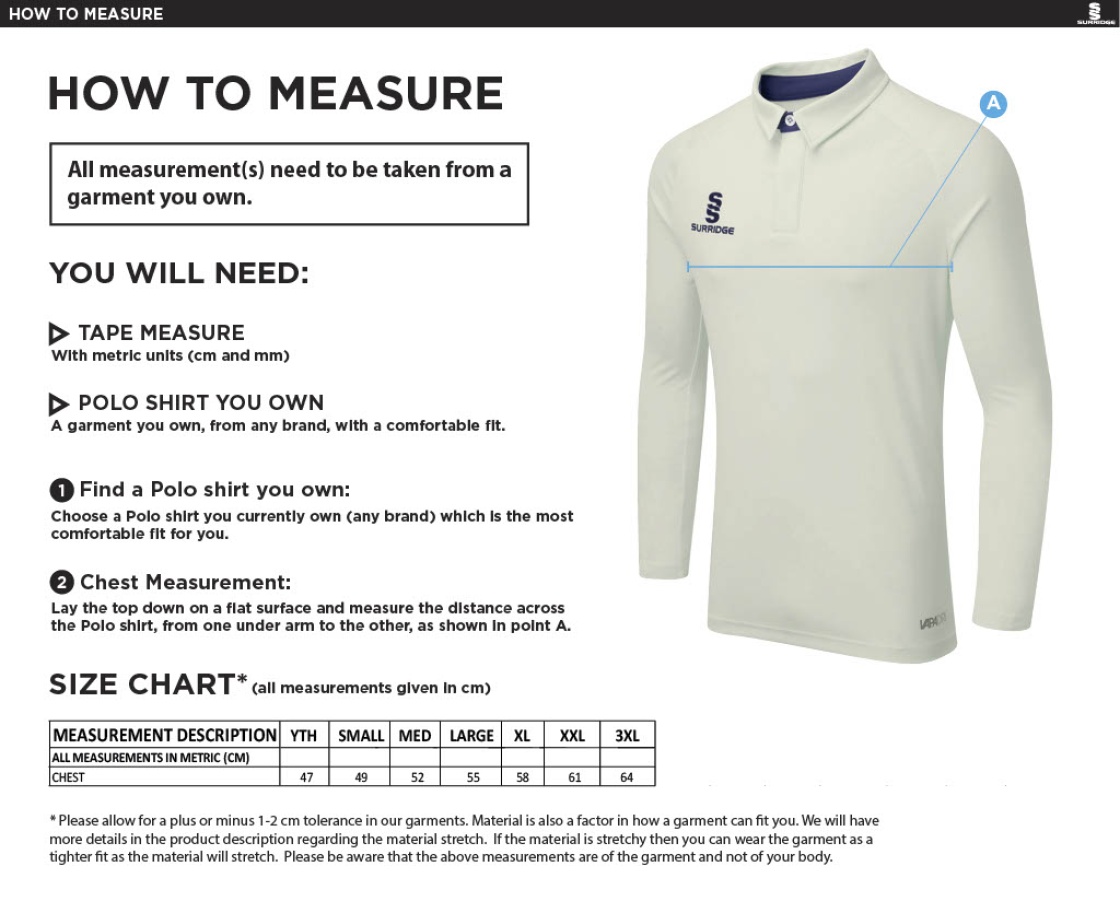 Bardon Hill CC Ergo Long Sleeve Green Trim Shirt - Size Guide