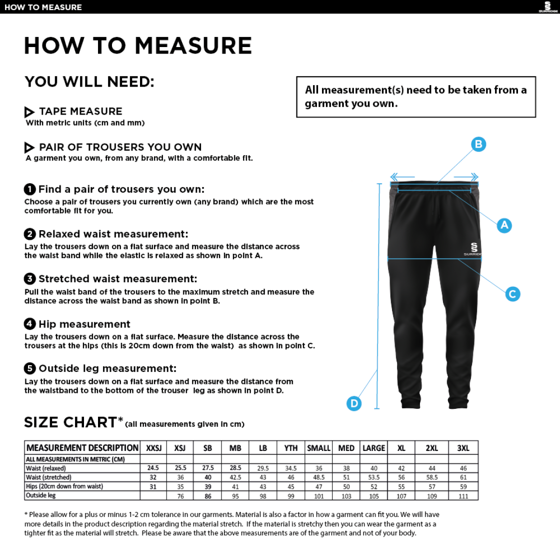 Bardon Hill CC Tek Slim Pant Black - Size Guide
