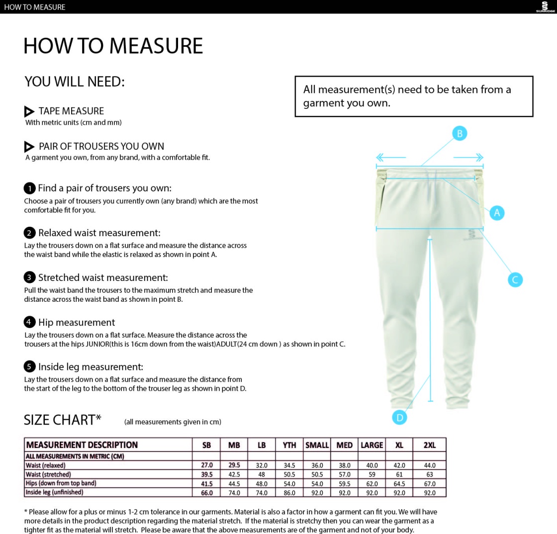Bardon Hill CC Tek Playing Pant - Size Guide