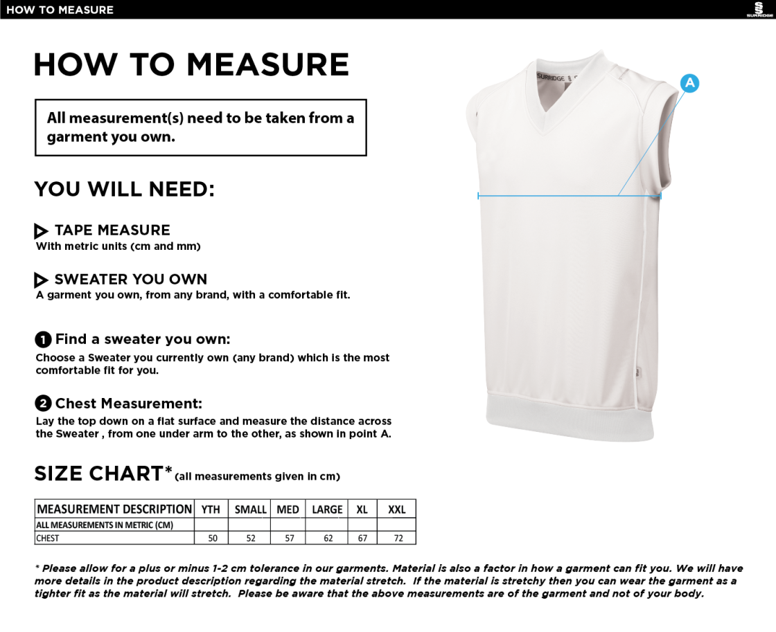 Bardon Hill CC Sleeveless Sweater Green Trim - Size Guide
