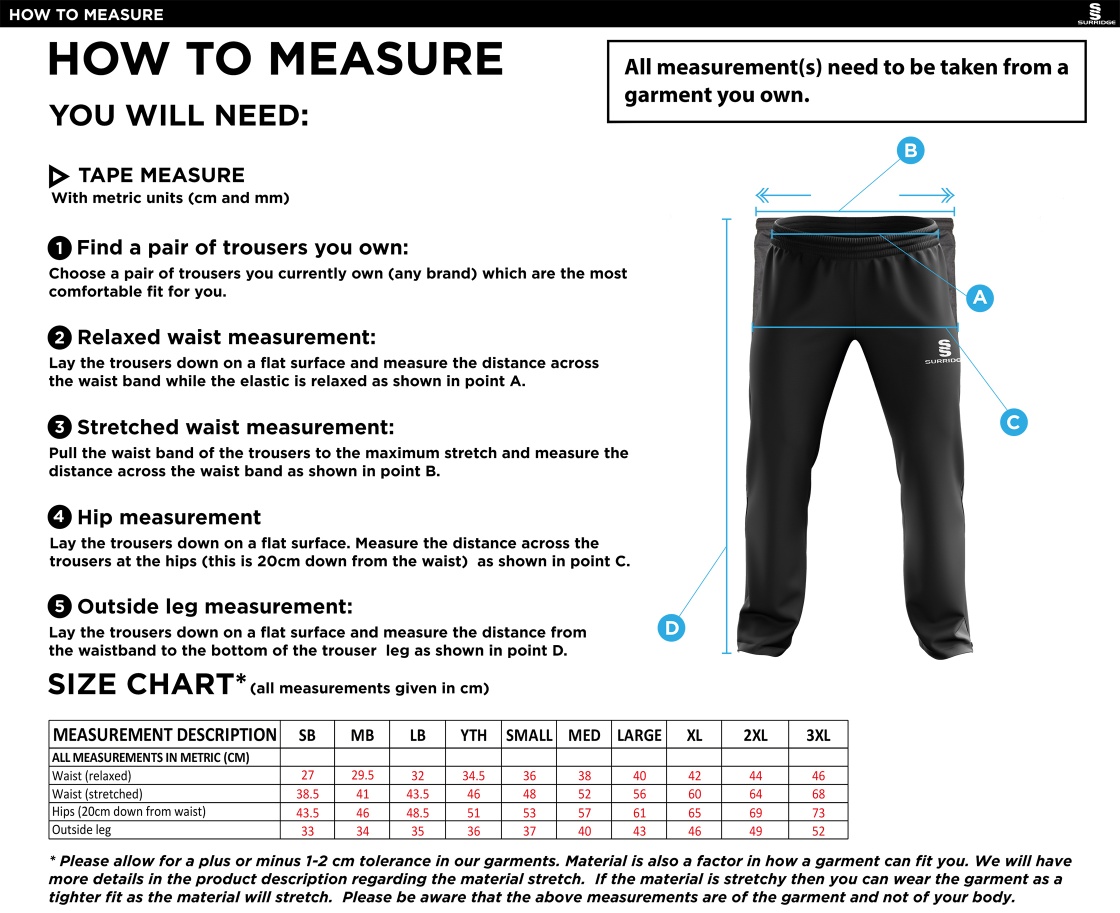 Bardon Hill CC Ripstop Track Pant Black - Size Guide