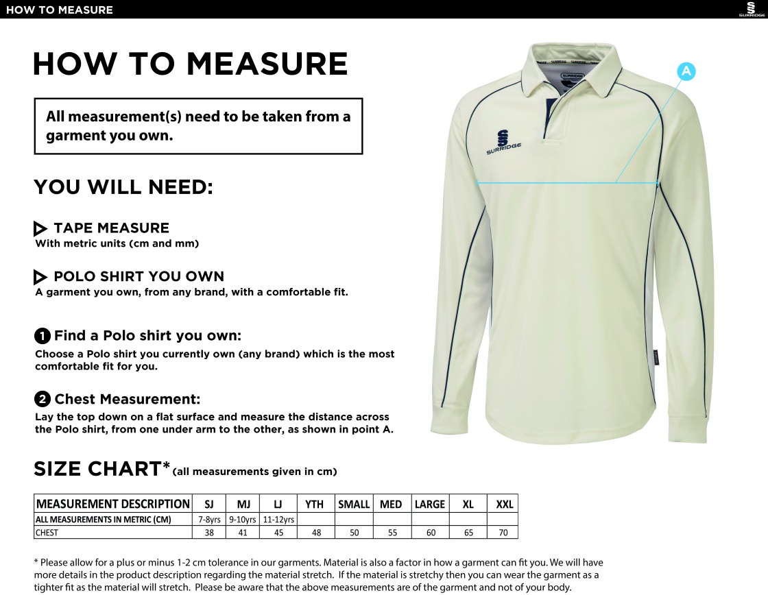 Bardon Hill CC Premier Long Sleeve Green Trim Shirt - Size Guide